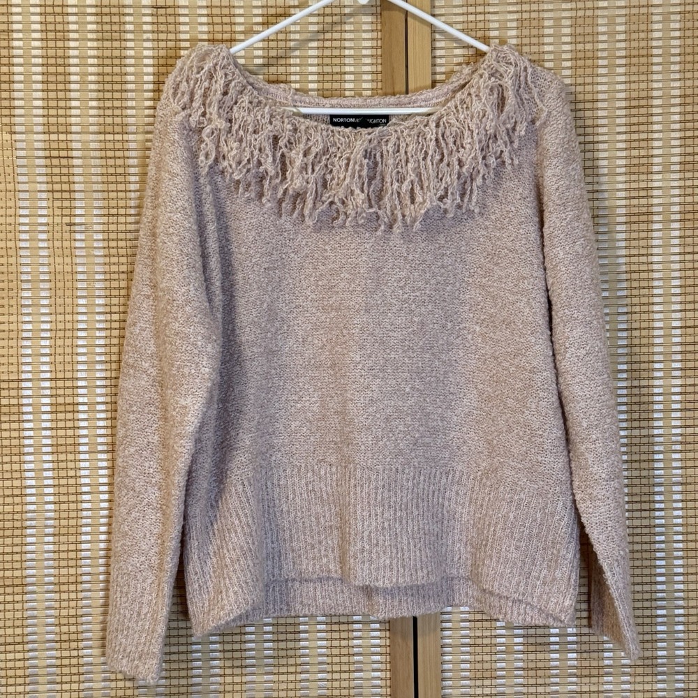 Norton McNaughton Womens XL Pale‎ Pink Sweater Fringe Neck Preppy Cottagecore